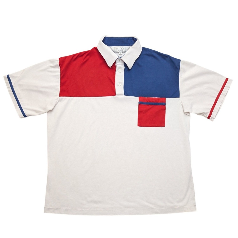 Vintage The Men's Store at Sears Polo Shirt Mens Large White Red Blue Colorblock
